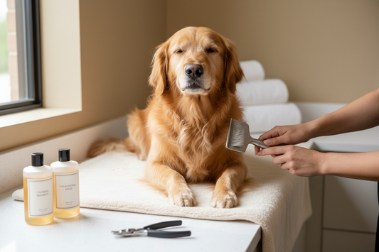 Golden Retriever being groomed at home with professional grooming tools and products