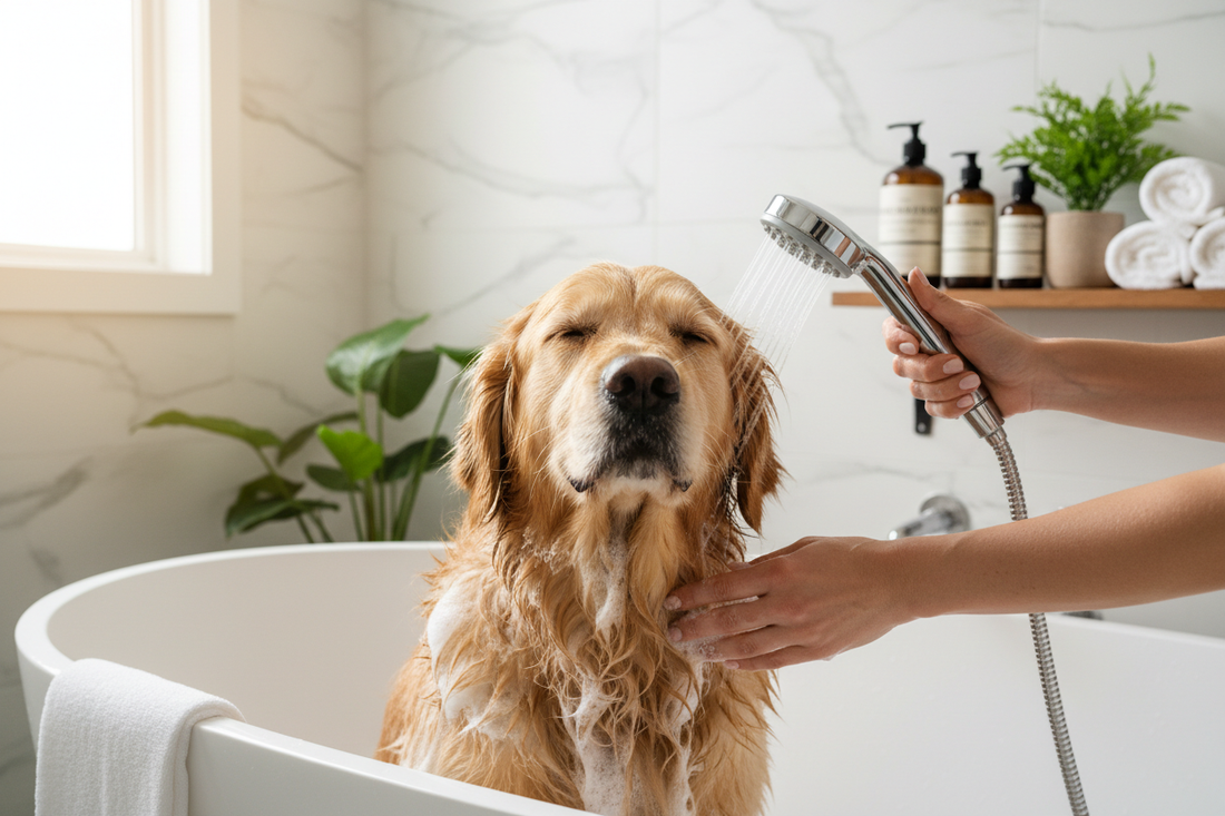 Happy golden retriever being gently bathed with proper grooming technique in a modern bathroom setting