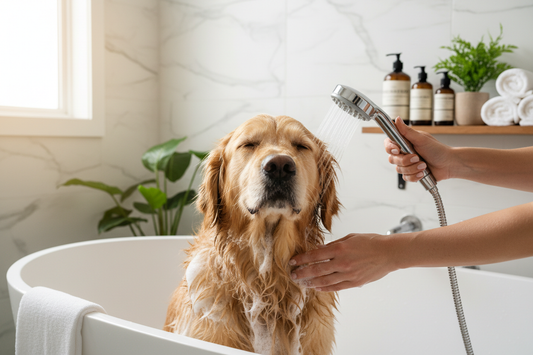 Happy golden retriever being gently bathed with proper grooming technique in a modern bathroom setting