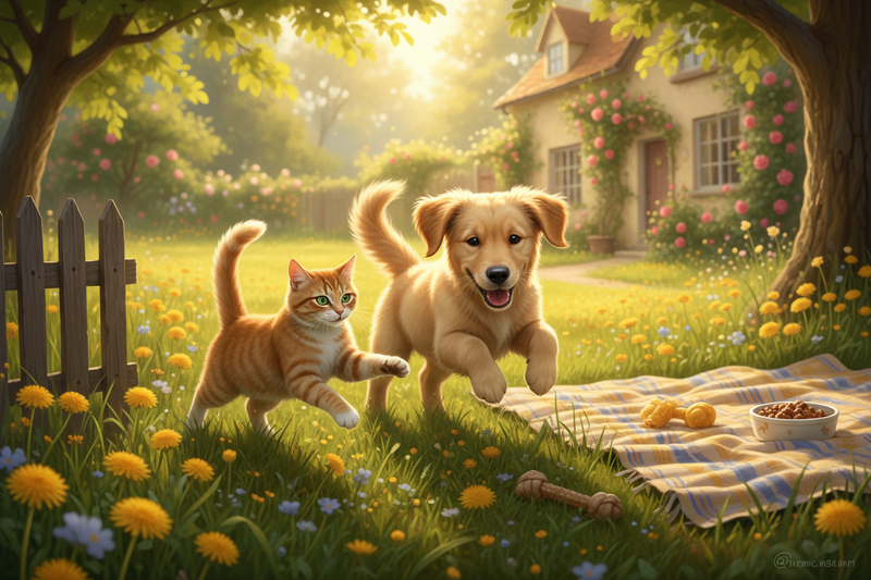 Pet Health and Play collection for dogs and cats, featuring playful pets outdoors with toys and healthy treats for active pet wellness.