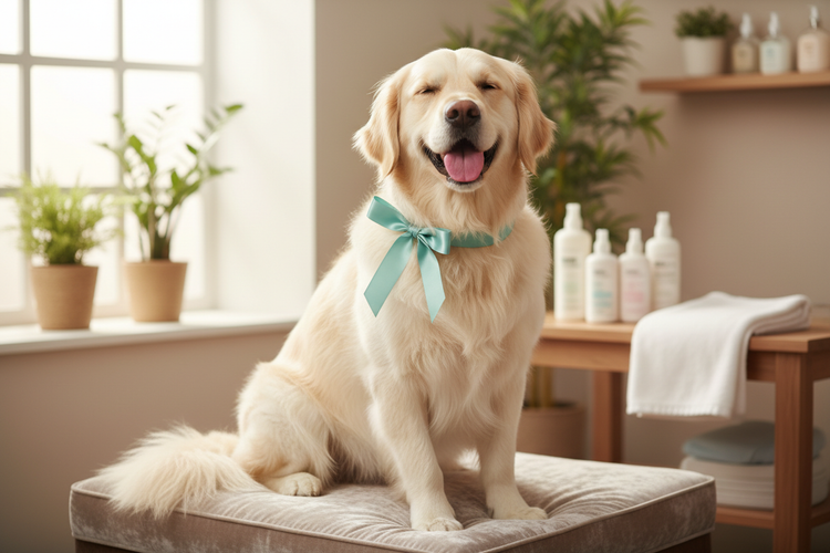Pet Grooming and Comfort collection for dogs, showing a well-groomed golden retriever on a soft bed with pet grooming and care products.