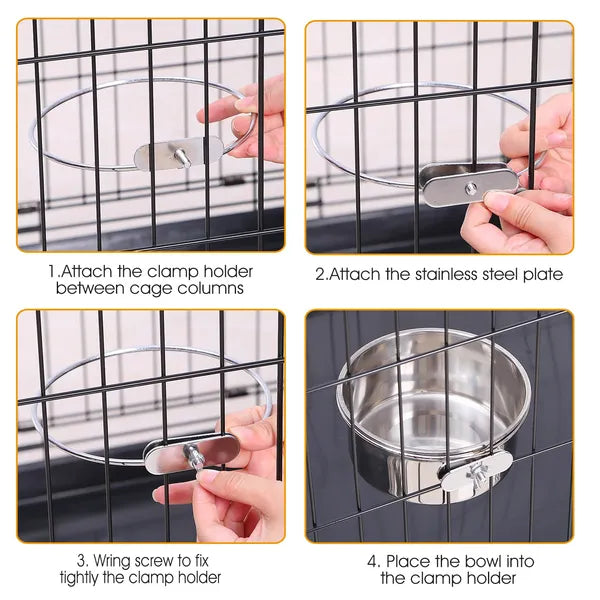 Stainless Steel Hanging Pet Bowl - Detachable Cage Mount with Clamp