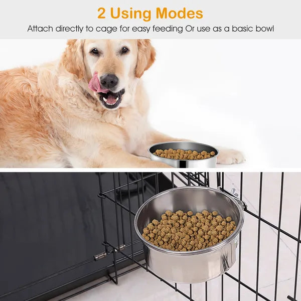 Stainless Steel Hanging Pet Bowl - Detachable Cage Mount with Clamp