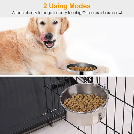 Stainless Steel Hanging Pet Bowl - Detachable Cage Mount with Clamp