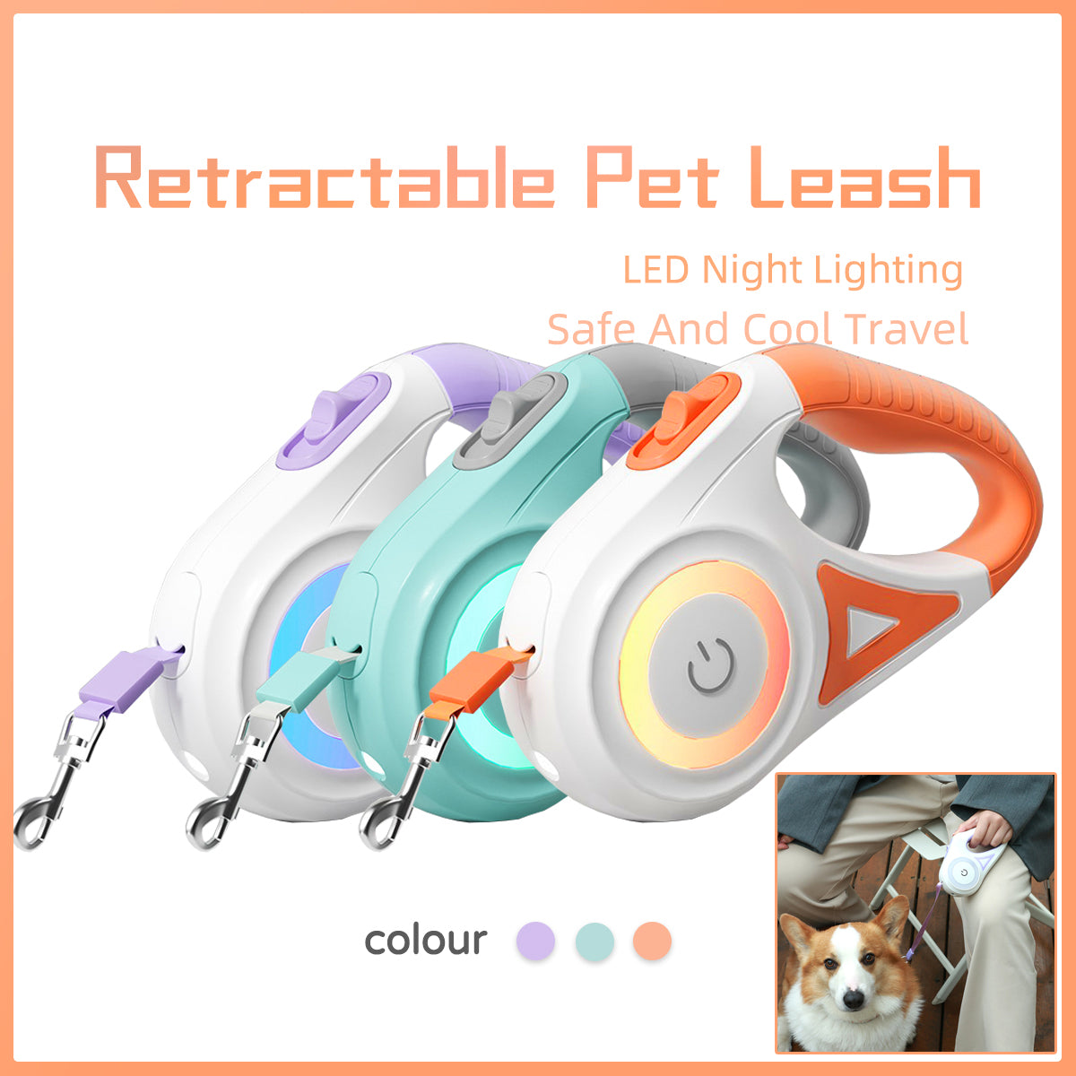 Retractable Dog Leash with LED Spotlight - Automatic Lock