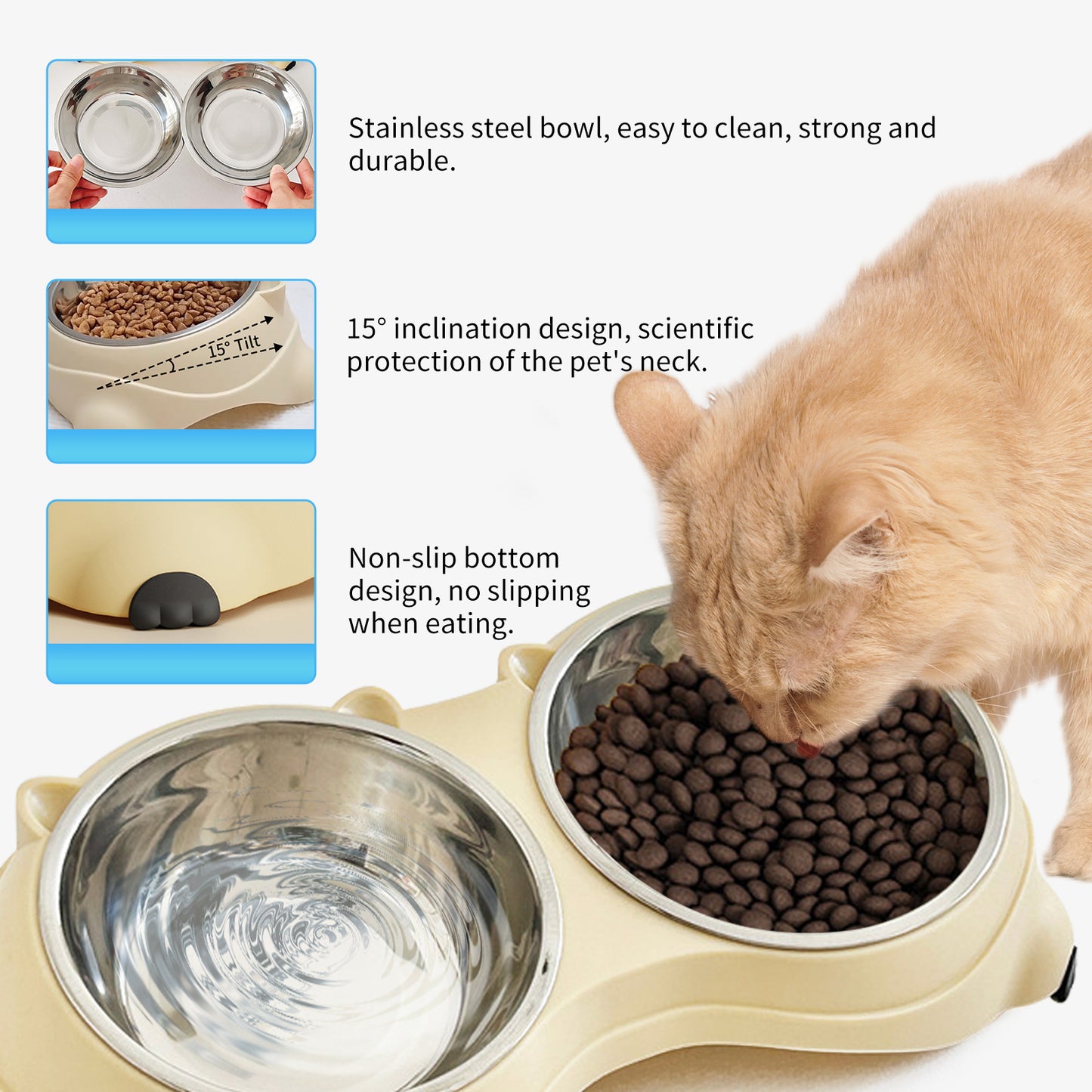 Double Stainless Steel Pet Bowl Set - Non-Slip Base for Cats & Dogs
