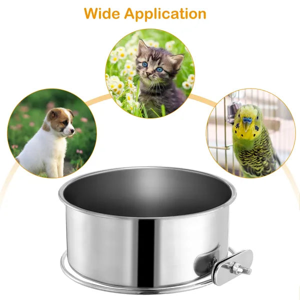 Stainless Steel Hanging Pet Bowl - Detachable Cage Mount with Clamp