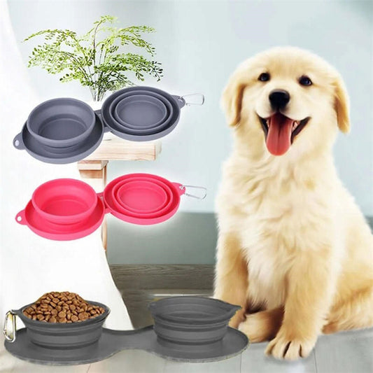 Foldable Silicone Double Pet Bowl - Portable for Dogs & Cats