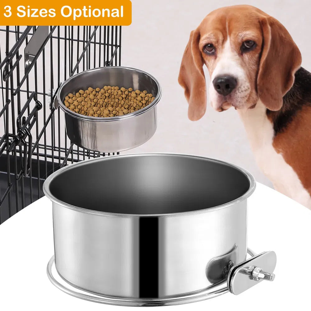 Stainless Steel Hanging Pet Bowl - Detachable Cage Mount with Clamp