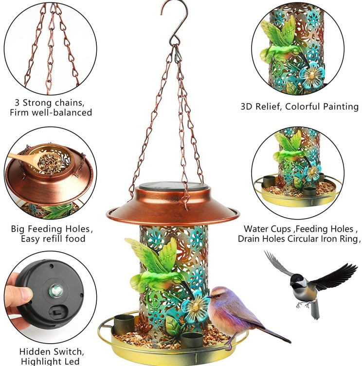 Solar Bird Feeder - Metal Hanging Lantern for Outdoors with S-Hook