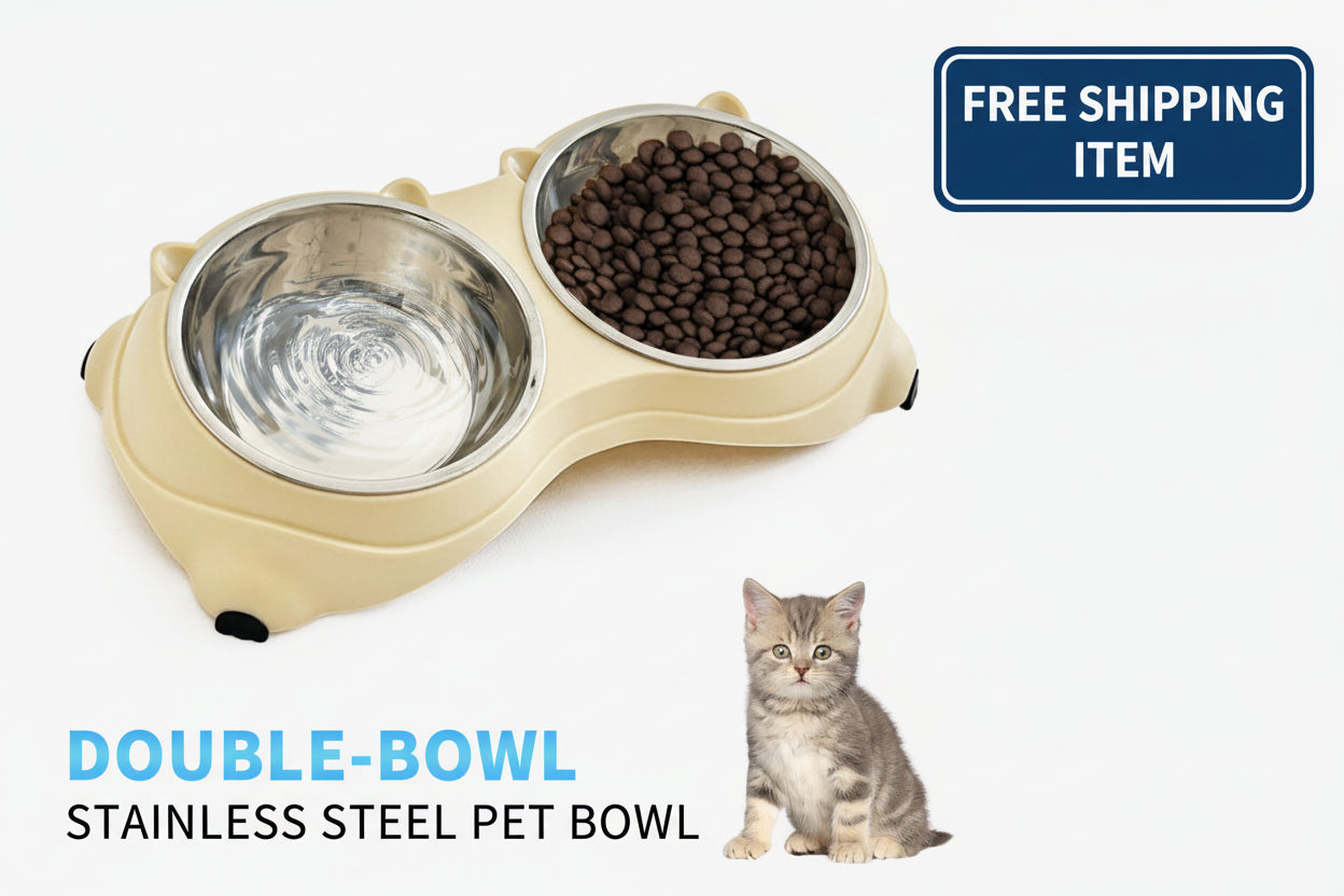Double Stainless Steel Pet Bowl Set - Non-Slip Base for Cats & Dogs